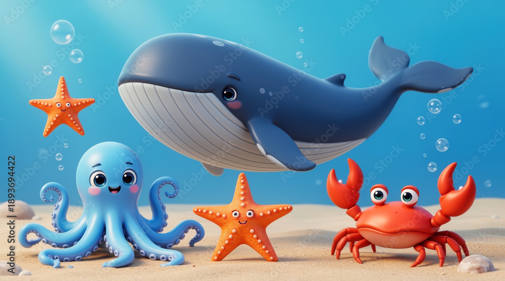 Fototapeta premium Whimsical Underwater Cartoon Scene with Playful Whale, Curious Octopus, Bright Starfish, Cheerful Orange Crab, Bubbles, Sand, and a Sense of Wonder