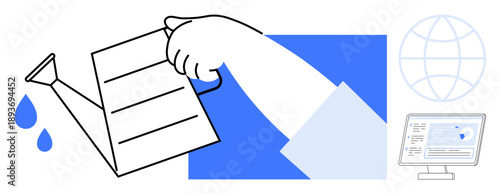 Sustainable development, digital growth, data management, technology, environmental care, productivity. Hand pouring water nurturing. Sustainable development and digital growth concept