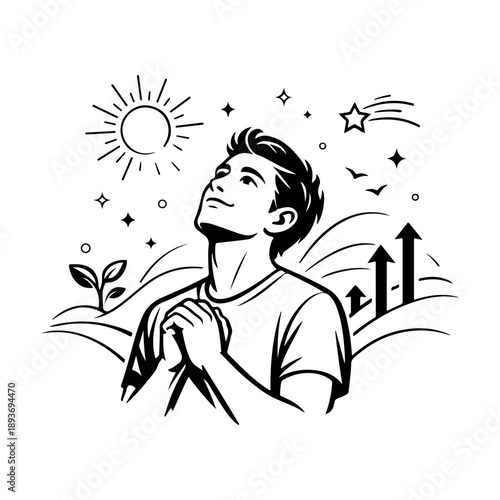 A man lies in bed dreaming of a bright future as he looks up at a sky filled with stars, a shining sun, and birds flying over rolling hills