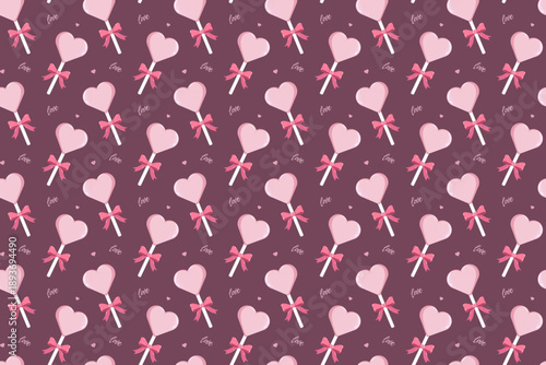 Seamless Valentine s Day pattern with heart-shaped lollipops, love text, and scattered hearts on maroon