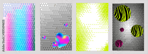 Set of 4 vertical retro banners with dithered bitmap texture. Vibrant neon gradients, holographic hearts, and acid zebra patterns. Trendy y2k aesthetic for cyberpunk posters and digital web design.