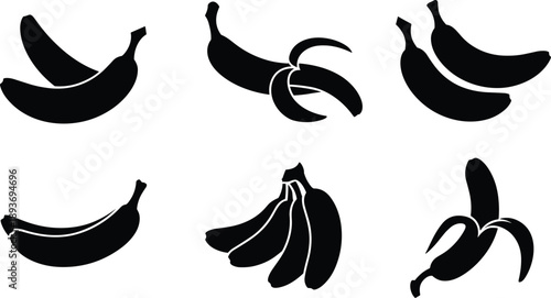 Banana silhouette set, black vector illustration, peeled and whole fruit shapes, tropical food icons, healthy snack graphic design