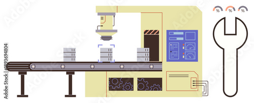 Industrial automation, robotics, machine maintenance, manufacturing efficiency, factory technology, production line. Robotic arm inspecting boxes on a conveyor. Robotics and industrial automation