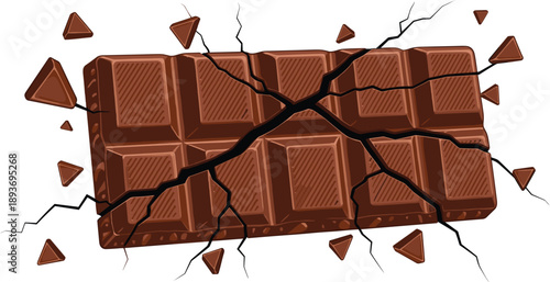 Broken chocolate bar illustration, cracked and shattered pieces, jagged fragments, sweet dessert concept, impact and breakage theme, vector design elements
