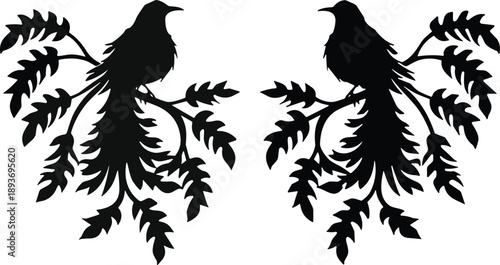 bird silhouette, decorative foliage, mirrored birds, black and white, nature sketch, ornamental design, perched birds, silhouette artwork, botanical 