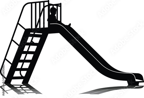 Black silhouette of a child sitting on top of a playground slide, outdoor park recreation equipment vector icon for childhood and leisure activities concepts