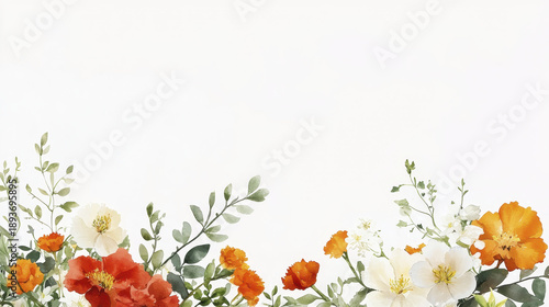 Watercolor floral border with orange and white flowers, green leaves, and delicate foliage on white background, creating fresh and elegant botanical design for invitations or decor