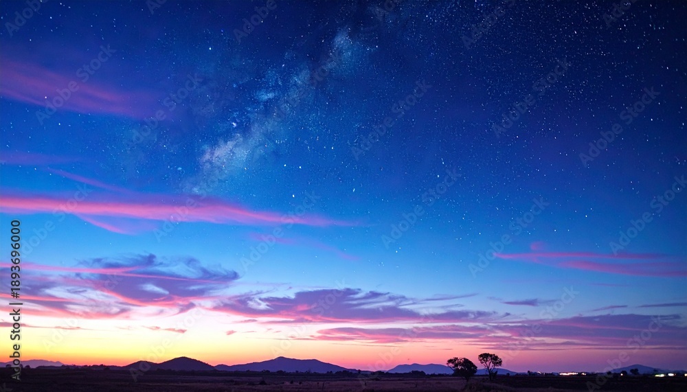 Obraz premium Vibrant Sunset Sky with Milky Way Galaxy Over Scenic Landscape Horizon