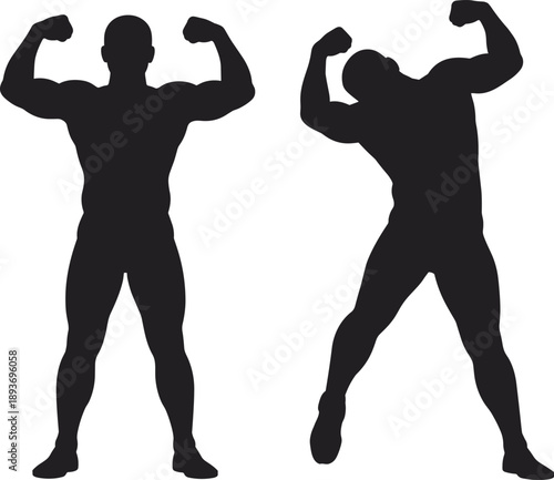 Bodybuilder silhouette flexing pose, muscular figure illustration, fitness strength icon, black and white vector, gym workout graphic design