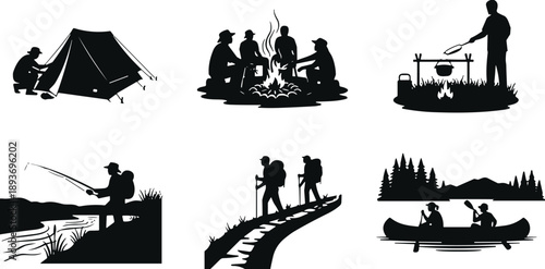 camping silhouette, outdoor activity, tent setup, campfire group, cooking fire, fishing scene, hiking trail, canoe paddling, nature sketch, black and white, 
