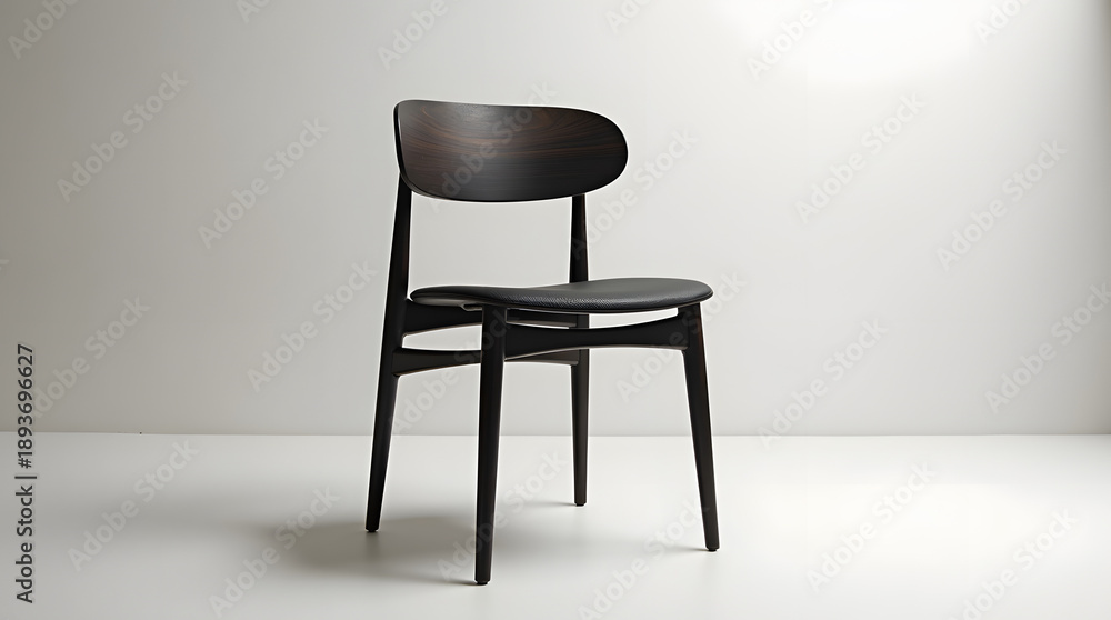 Fototapeta premium A sleek, modern black wooden chair against a minimalist backdrop, showcasing its elegant design and meticulous craftsmanship.