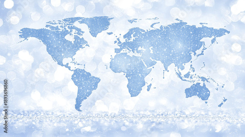 Blue world map abstract bokeh background sparkling light global connection modern design digital style winter theme elegant international geography