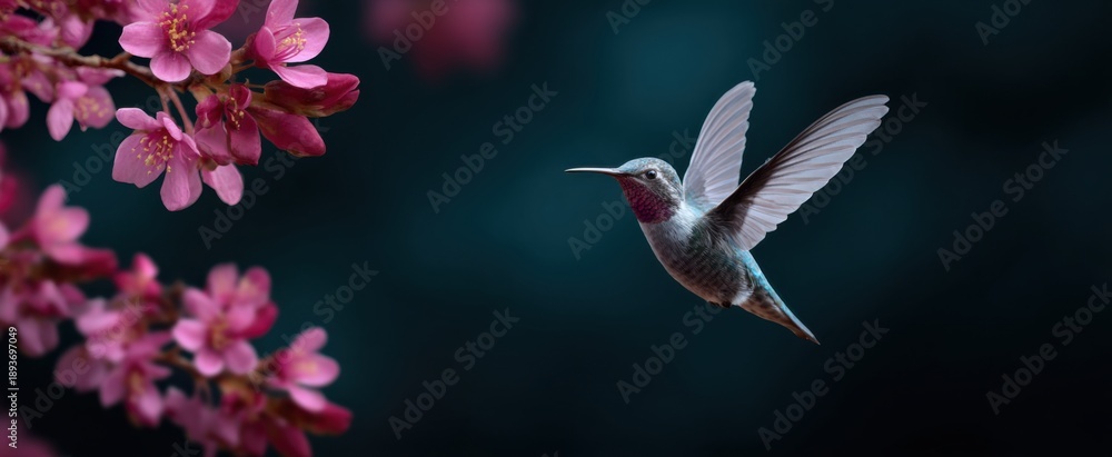 Fototapeta premium Tiny bird hovers near vibrant blossoms in midair motion.