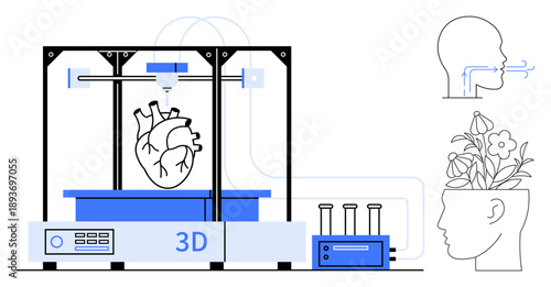 3D printer forming anatomical heart, profiles symbolizing breathing and blooming brain. Ideal for innovation, technology, healthcare, creativity, science, human anatomy education. Visually simple