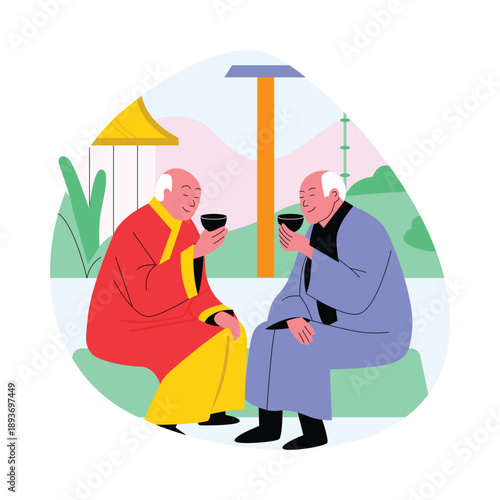 Chinese Elders Sipping Tea vector illustration 