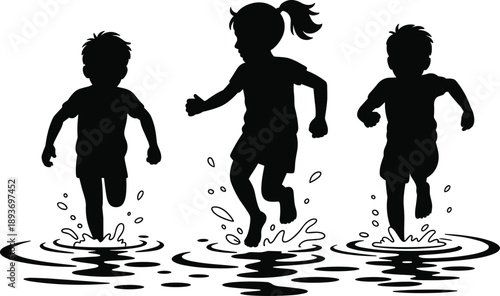 children running silhouette, water splash, outdoor play, black and white, summer activity, nature sketch, playful motion, silhouette artwork, childhood joy, 