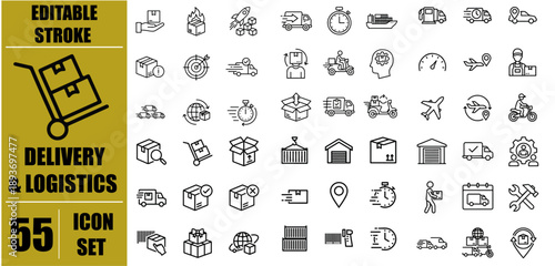 Delivery and Logistics Icons Set – Truck, Package, Drone, Cargo, Shipping, Warehouse, Route, Checklist and Delivery Person Editable Stroke Line Icons for Infographics and Web Design