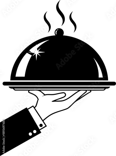 Waiter hand serving dish icon symbolizing restaurant service, hospitality and fine dining