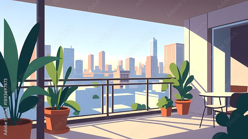 Fototapeta premium Sunlit urban balcony with potted plants overlooking a city skyline