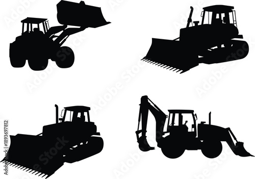 construction vehicle silhouette, heavy machinery, black and white, bulldozer sketch, loader vector, backhoe illustration, earthmoving equipment, 
