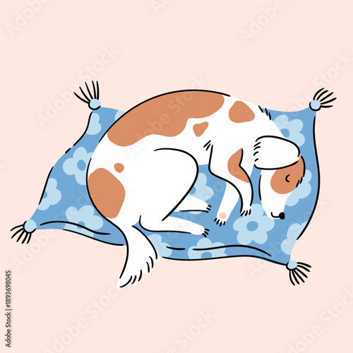 Vector pretty dog illustration in hand-drawn flat style. Mixed-breed dog is resting on a flower-patterned bed. Cute poster or greeting card, design element.