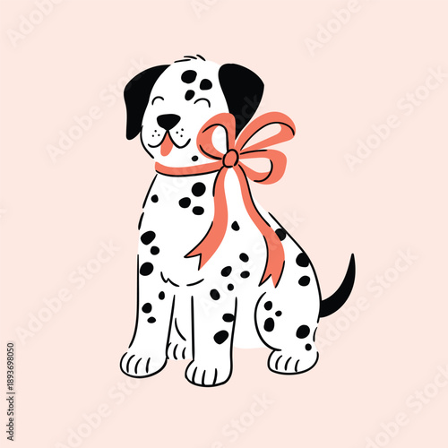 Vector coquette dalmatian dog illustration in cartoon style. Adporable puppy with red bow tie isolated on light pink background. Doggy poster or greeting card