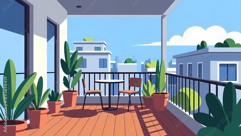Fototapeta premium Balcony patio with potted plants and outdoor seating overlooking city rooftops