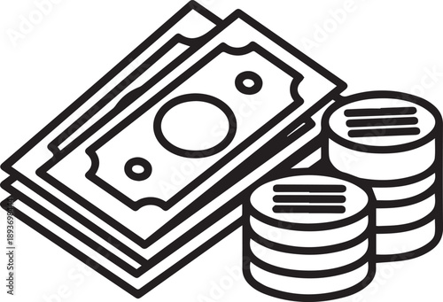 Stacks of currency and coins beside a pile of banknotes viewed from above