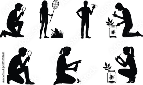 entomology silhouette, nature observation, insect study, black and white, science activity, magnifying glass, butterfly net, outdoor research, bug jar, 