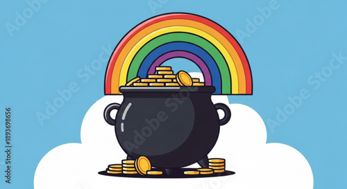 Black cauldron overflowing with gold coins under a vibrant rainbow on a white cloud