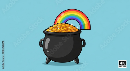 Black cauldron filled with gold coins under a vibrant rainbow on a light blue background symbolizing good fortune and wealth
