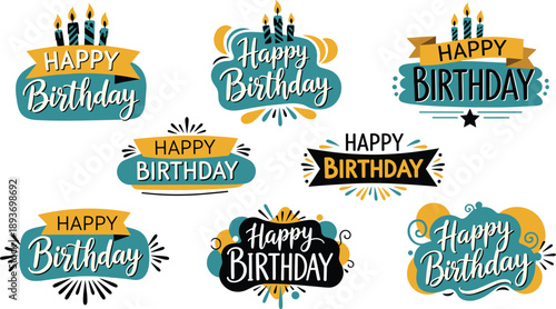A festive collection of eight teal and gold happy birthday vector badges featuring stylized typography and candles, isolated on white.