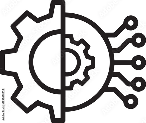 Mechanical gear icon divided with circuitry elements on the right side.