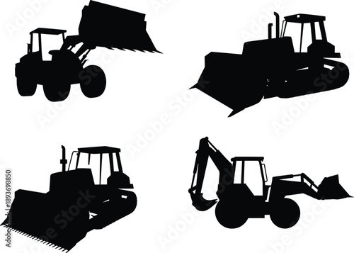 construction vehicle silhouette, heavy machinery, black and white, bulldozer sketch, loader vector, backhoe illustration, earthmoving equipment, silhouette artwork, industrial design, construction 