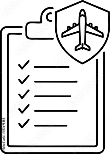 Aviation safety checklist icon showing airplane security inspection and flight standards
