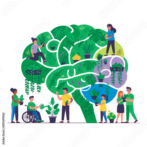 Mental health concept illustration with people caring for plants inside a giant brain. Vector scene of emotional growth, psychological wellness, and mindfulness in a flat modern style.