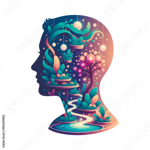Vector silhouette of a human head with a lush magical garden and glowing path inside. Concept of mindfulness, mental health, inner peace, and psychological growth in a modern flat style.