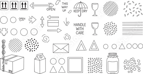 Various black and white and symbols for packaging and handling instructions editable scalable