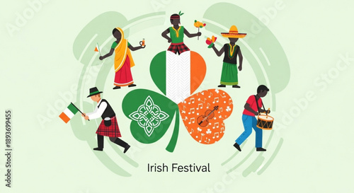 Vibrant irish festival celebration with diverse people and shamrocks on green background