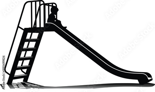 Playground slide silhouette with child seated at top, outdoor fun moment, childhood activity, recreational equipment, minimal black and white vector