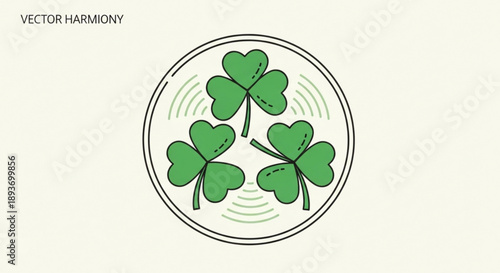 Three green clover leaves in a circle symbolizing good luck and fortune on a beige background