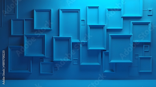 A striking blue wall adorned with various empty picture frames, creating a modern, artistic vibe.