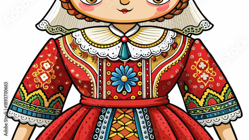 Very beautiful close-up of a traditional Croatian women’s folk dress with lace accents and fine textile details, isolated on white background, highlighting Adriatic heritage and cultural refinement.