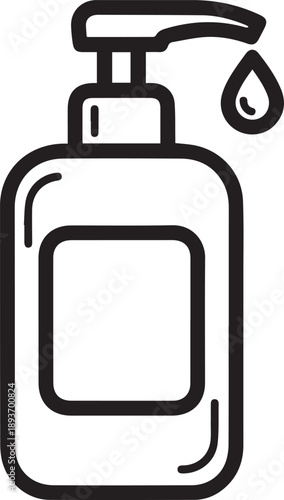 Graphic illustration of a dispenser bottle with soap or lotion being dispensed from the top