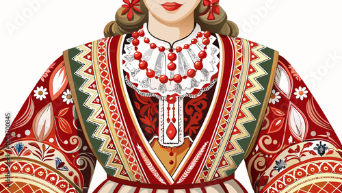Very beautiful close-up of a traditional Croatian women’s folk dress with lace accents and fine textile details, isolated on white background, highlighting Adriatic heritage and cultural refinement.