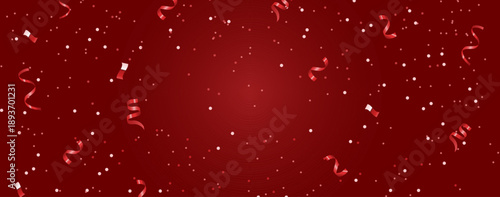 Red festive background with streamers and confetti for Valentine's Day