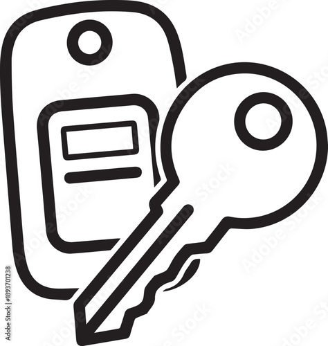 A black and white graphic illustration of a car key and key fob displayed prominently eps file