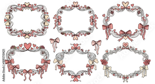 6 ornate vintage heart and bow frames vector collection. Includes decorative borders with pink bows, red hearts, and swirling accents. Created in hand-drawn style with a pastel pink and grey