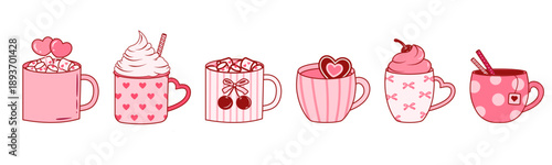 Cute hand-drawn whimsical Pink Coquette Mug Sticker Set on white background.