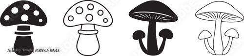 Cartoon mushroom bold and outline icon set for game, fantasy, kids and nature design.